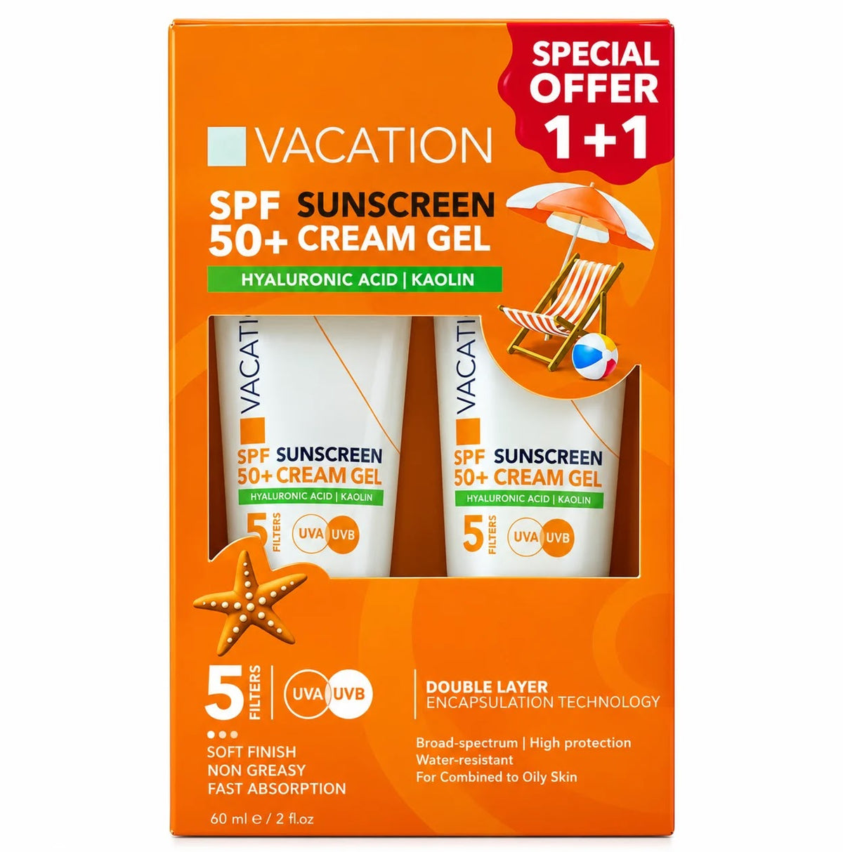 Vacation Sunscreen Cream Gel Hyaluronic Acid 60Ml 1+1